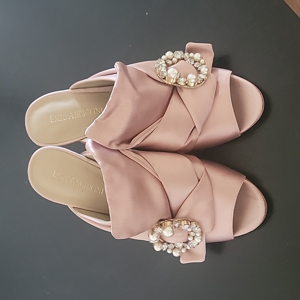 Blush, satin heels with pearl and rhinestone detail